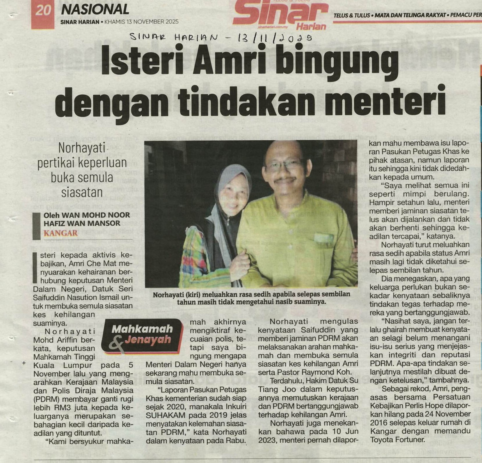 Isteri Amri bingung dengan tindakan menteri