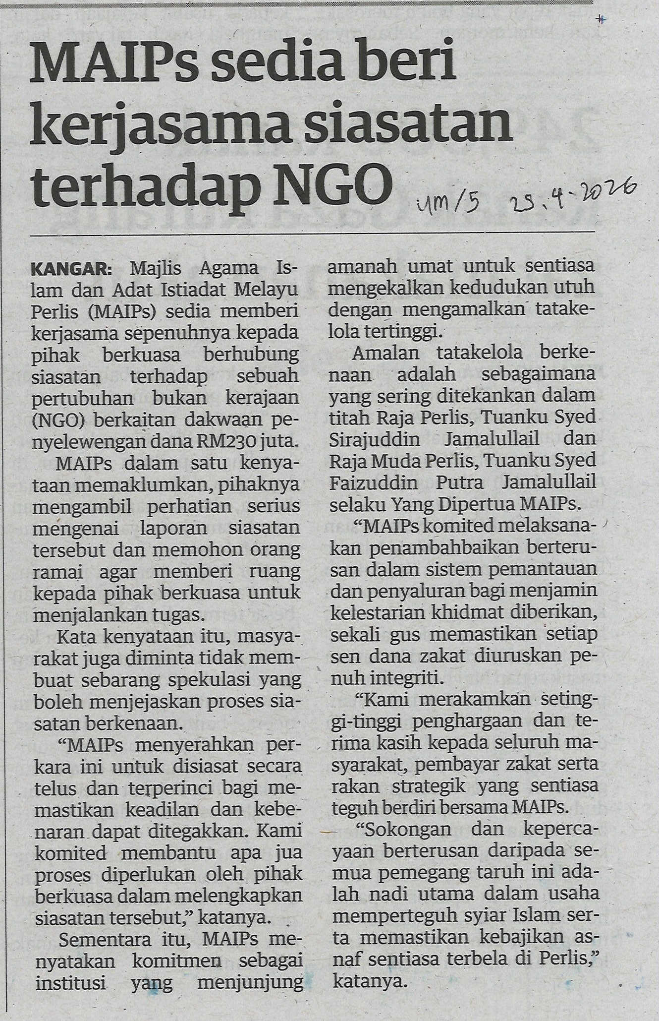 MAIPS Sedia Beri Kerjasama Siasatan Terhadap NGO