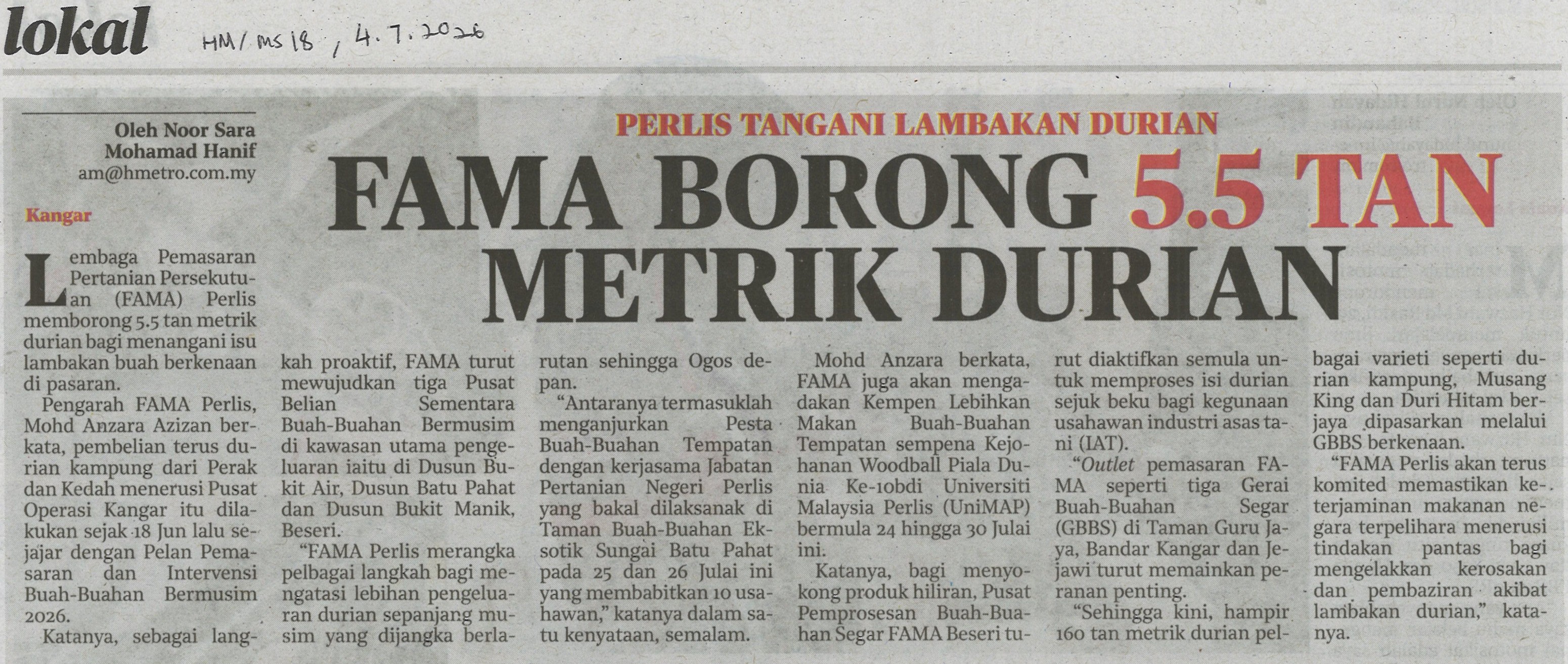 FAMA borong 5.5 tan metrik durian