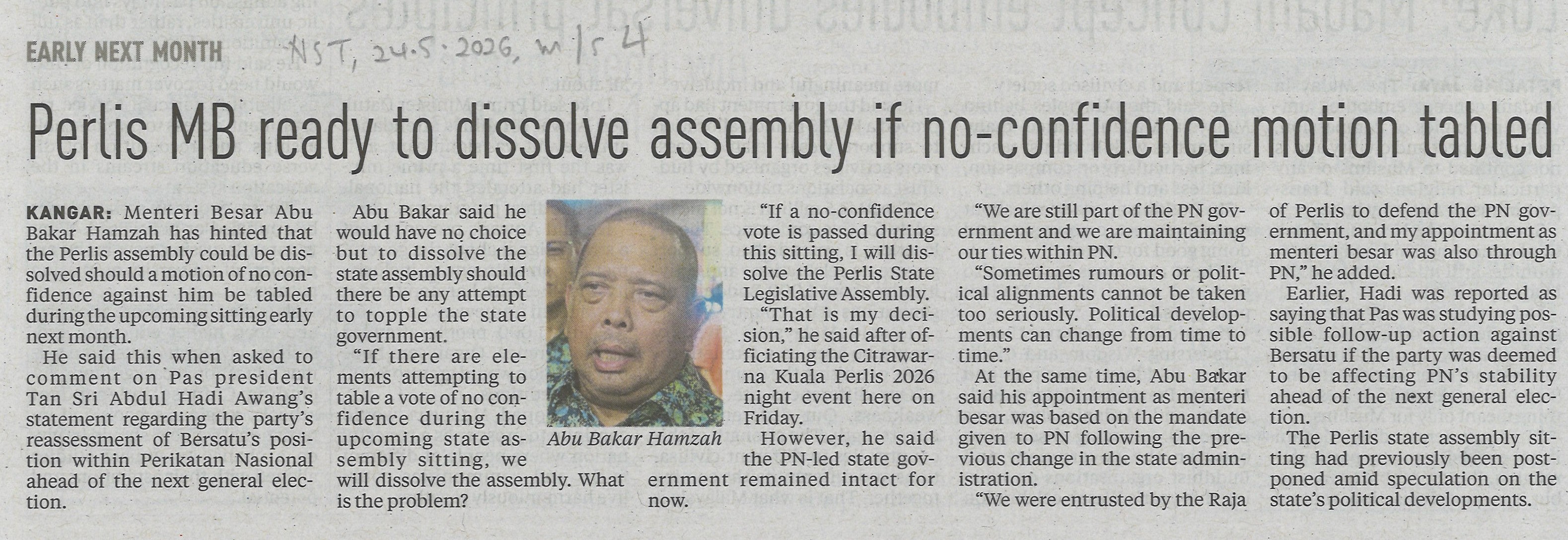 Perlis MB ready to dissolve assembly if no-confidence&hellip;