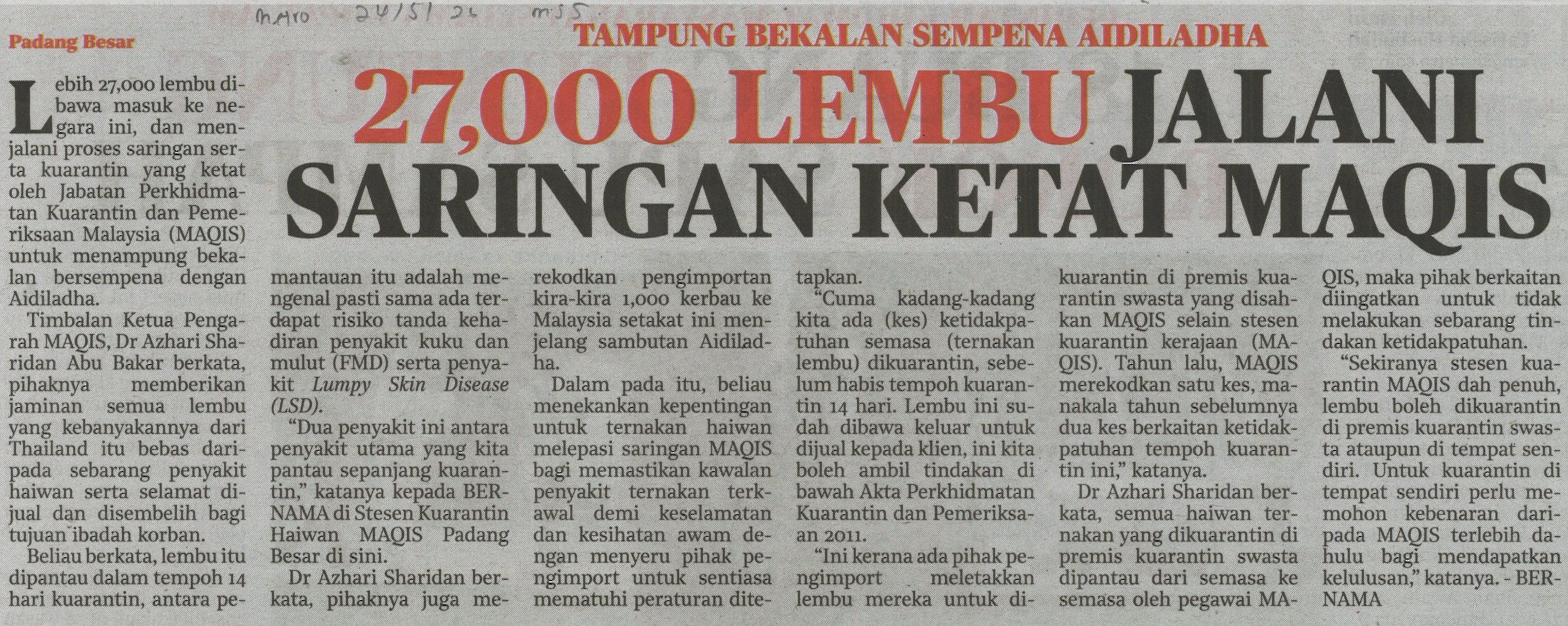 27,000 lembu jalani saringan ketat Maqis