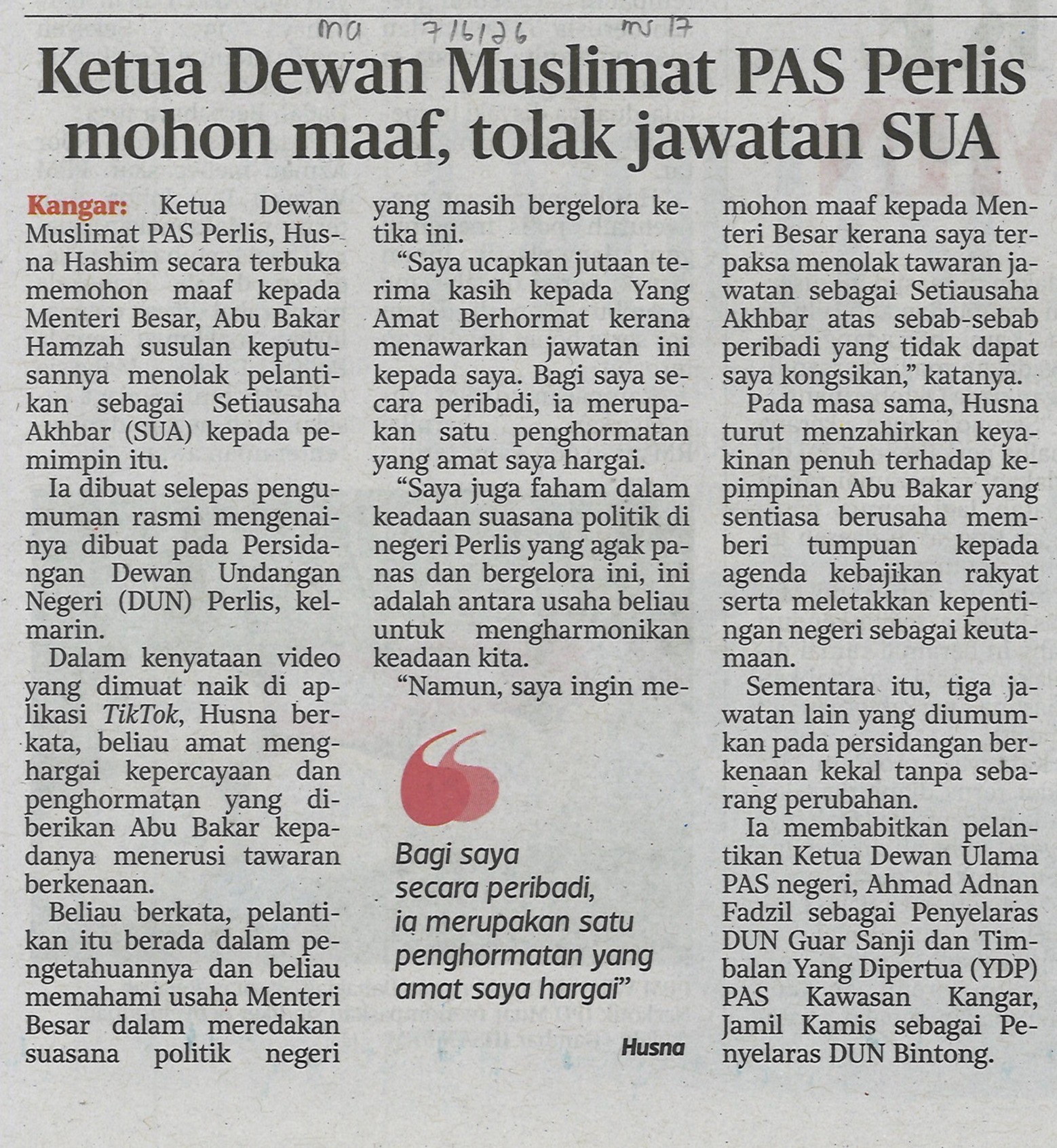 Ketua Dewan Muslimat PAS Perlis mohon maaf, tolak jawatan&hellip;