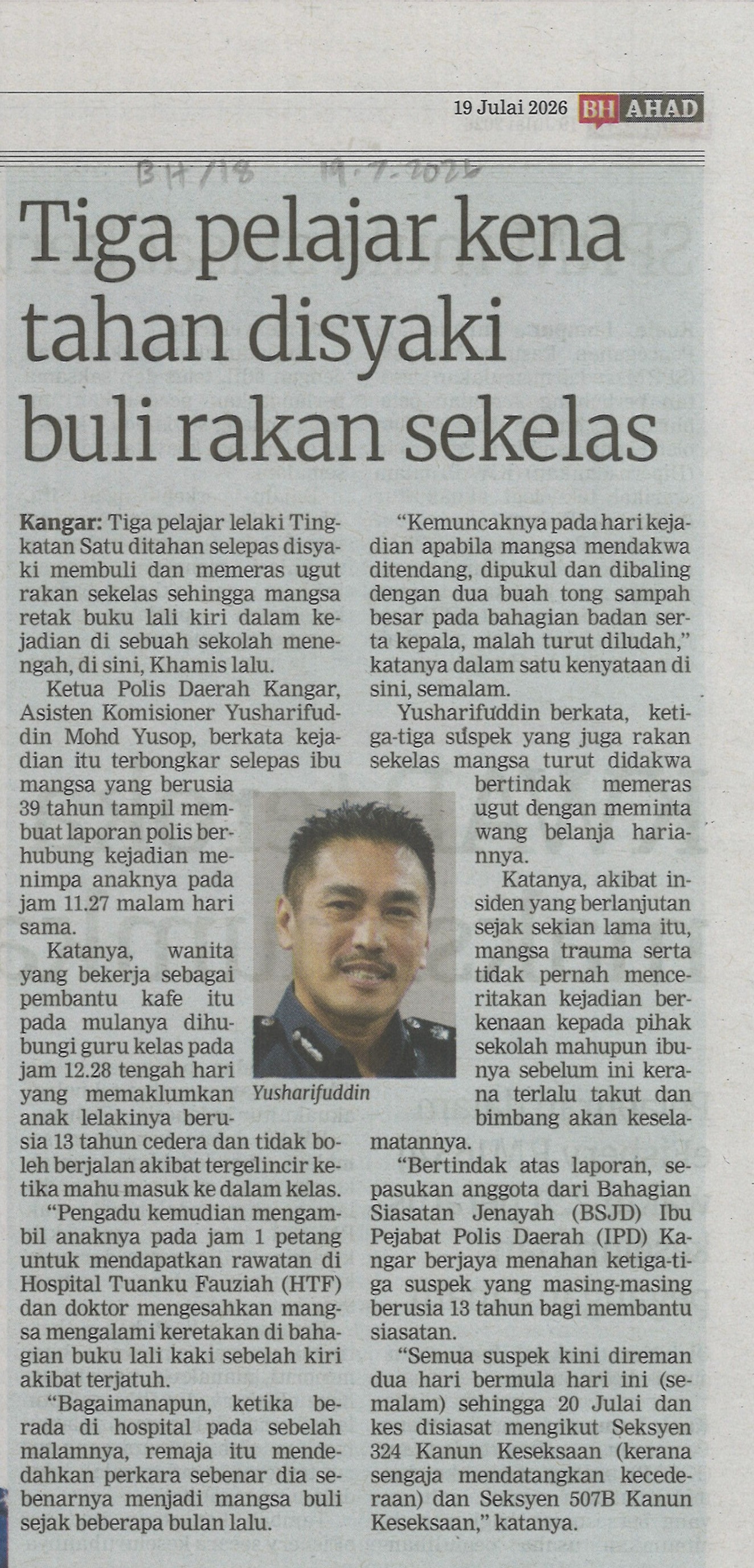 Tiga pelajar kena tahan disyaki buli rakan sekelas