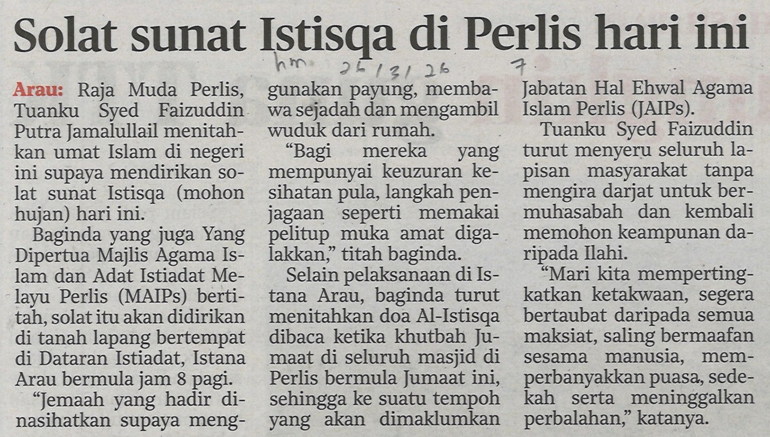 Solat sunat Istisqa di Perlis hari ini 