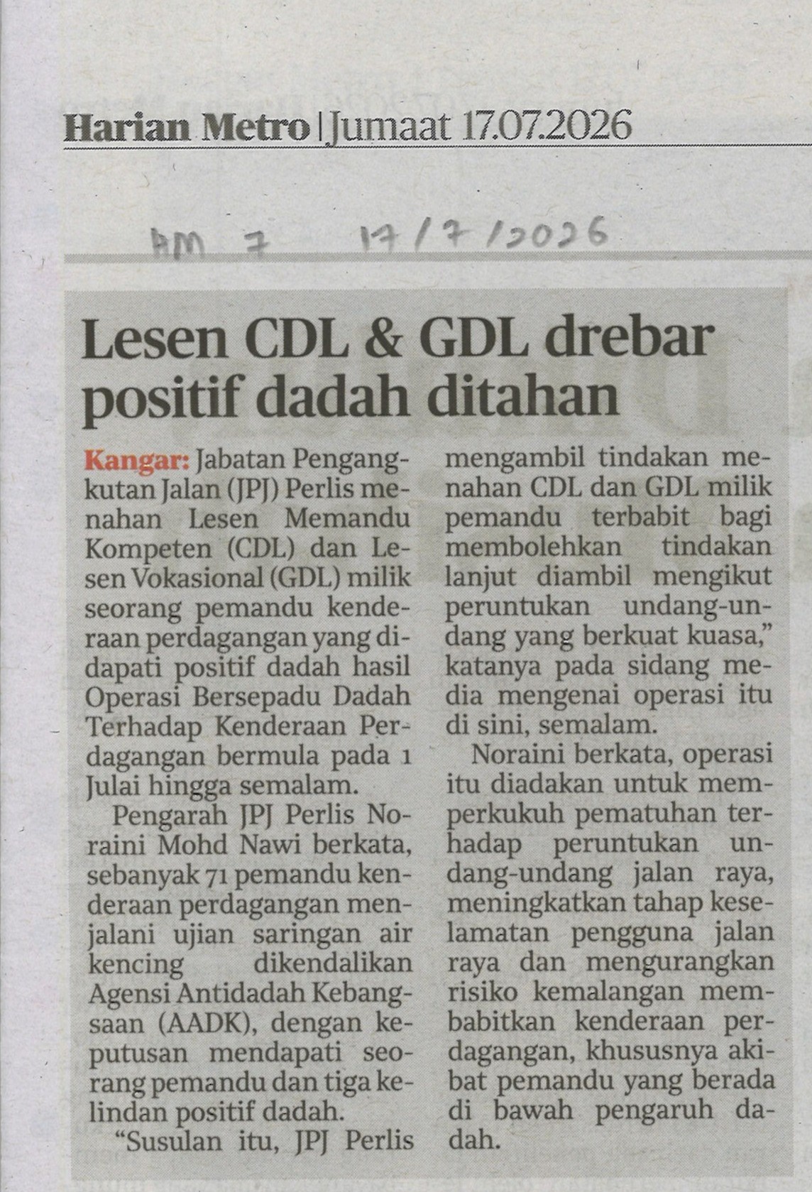 Lesen CDL & GDL drebar positif dadah ditahan