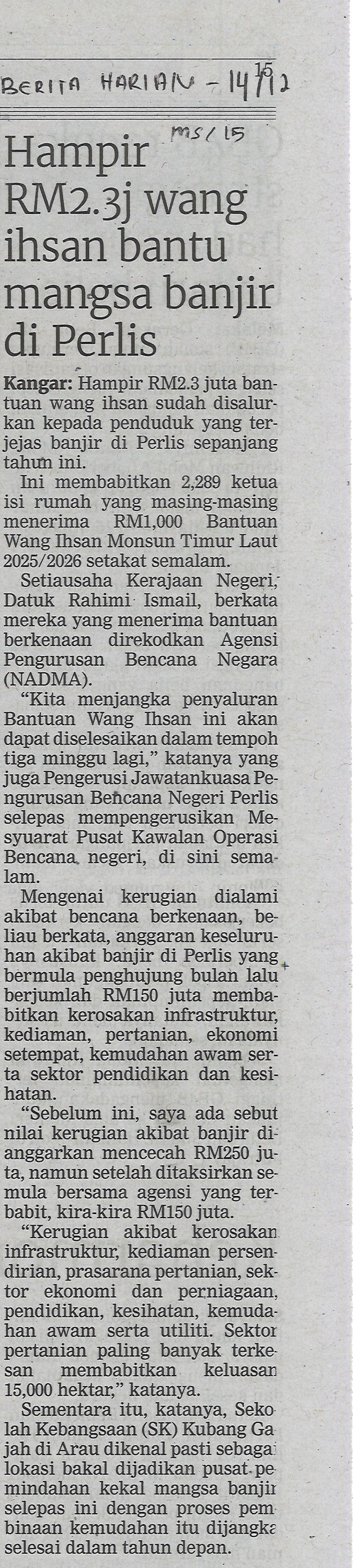 Hampir RM 2.3j wang ihsan bantu mangsa banjir di Perlis