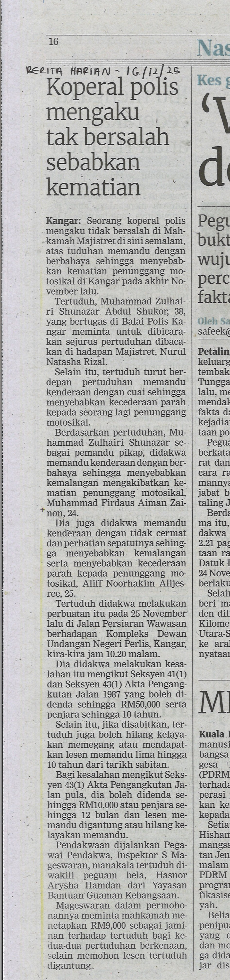 Koperal polis mengaku tak bersalah sebabkan kematian