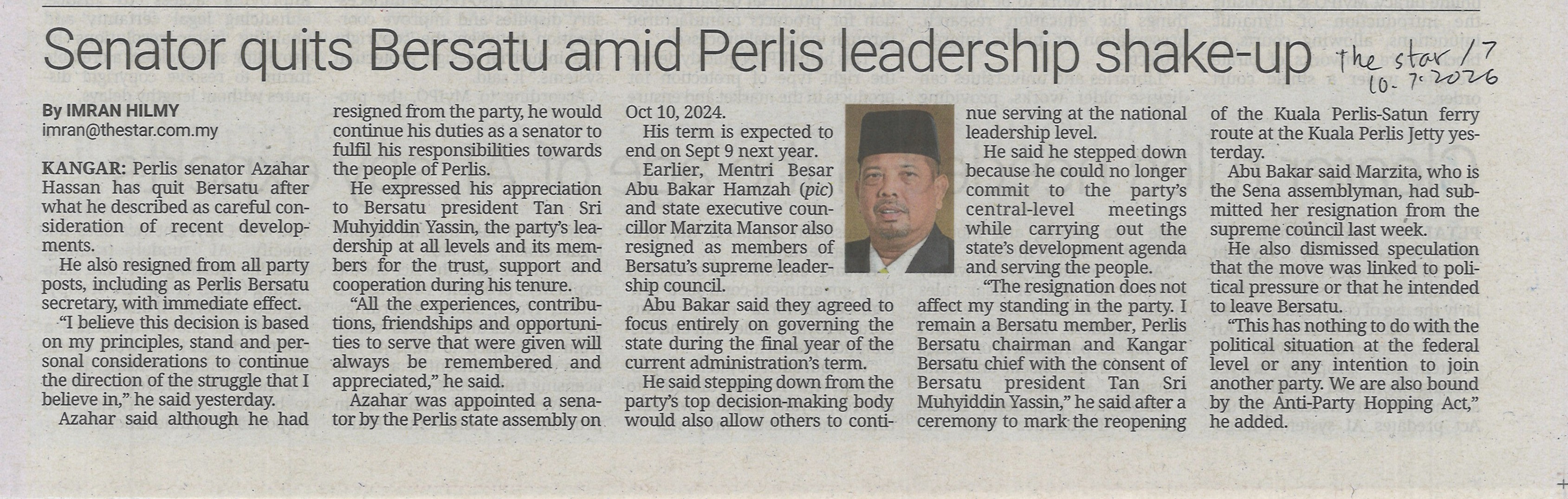 Senator quits Bersatu amid Perlis leadership shake-up
