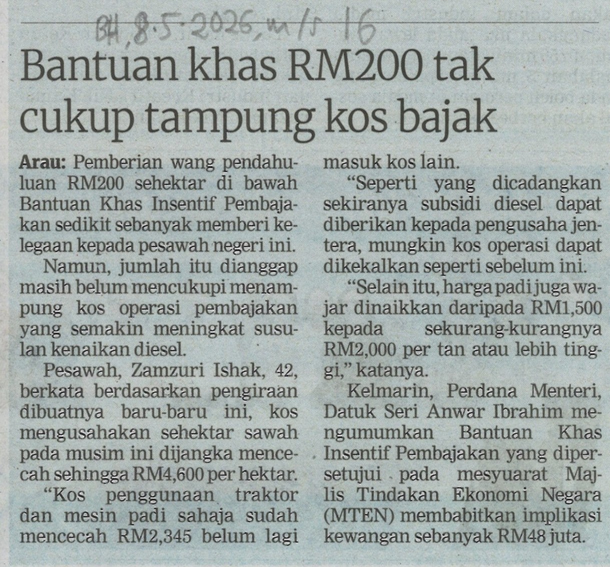 Bantuan khas RM200 tak cukup tampung kos bajak